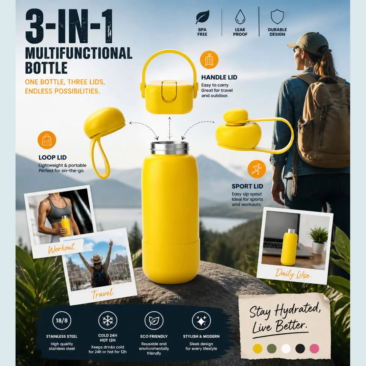 3-in-1 Stainless Steel Water Bottle with 3 Lids – 18, 24 & 32 oz - Image 2
