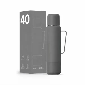 40 oz vacuum insulated stainless steel travel bottle with two cups and handle