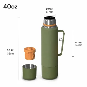 40 oz vacuum insulated stainless steel travel bottle with two cups and handle