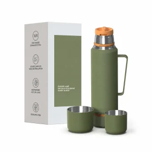 40 oz vacuum insulated stainless steel travel bottle with two cups and handle