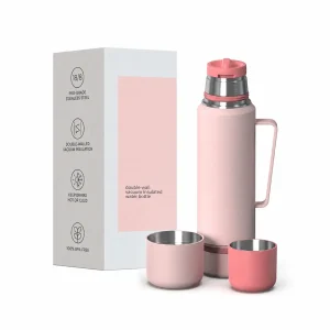 40 oz vacuum insulated stainless steel travel bottle with two cups and handle