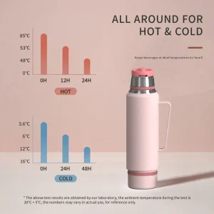 40 oz vacuum insulated stainless steel travel bottle with two cups and handle