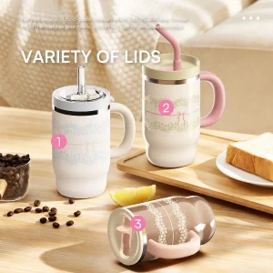 800ml 2 in 1 glass lined stainless steel thermal cup with straw