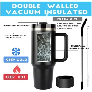 40 oz vacuum insulated stainless steel tumbler with straw and handle
