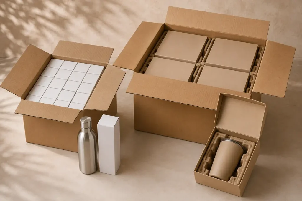 Custom Drinkware Packaging: How to Balance Protection, Branding, MOQ, and Shipping Cost Drinkware packaging comparison showing shipping volume and carton efficiency