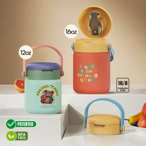 304 stainless steel insulated food jar with folding spoon and carry handle