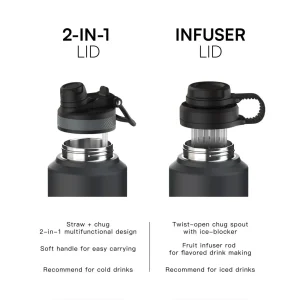 vacuum insulated stainless steel sports water bottle with multiple lid options