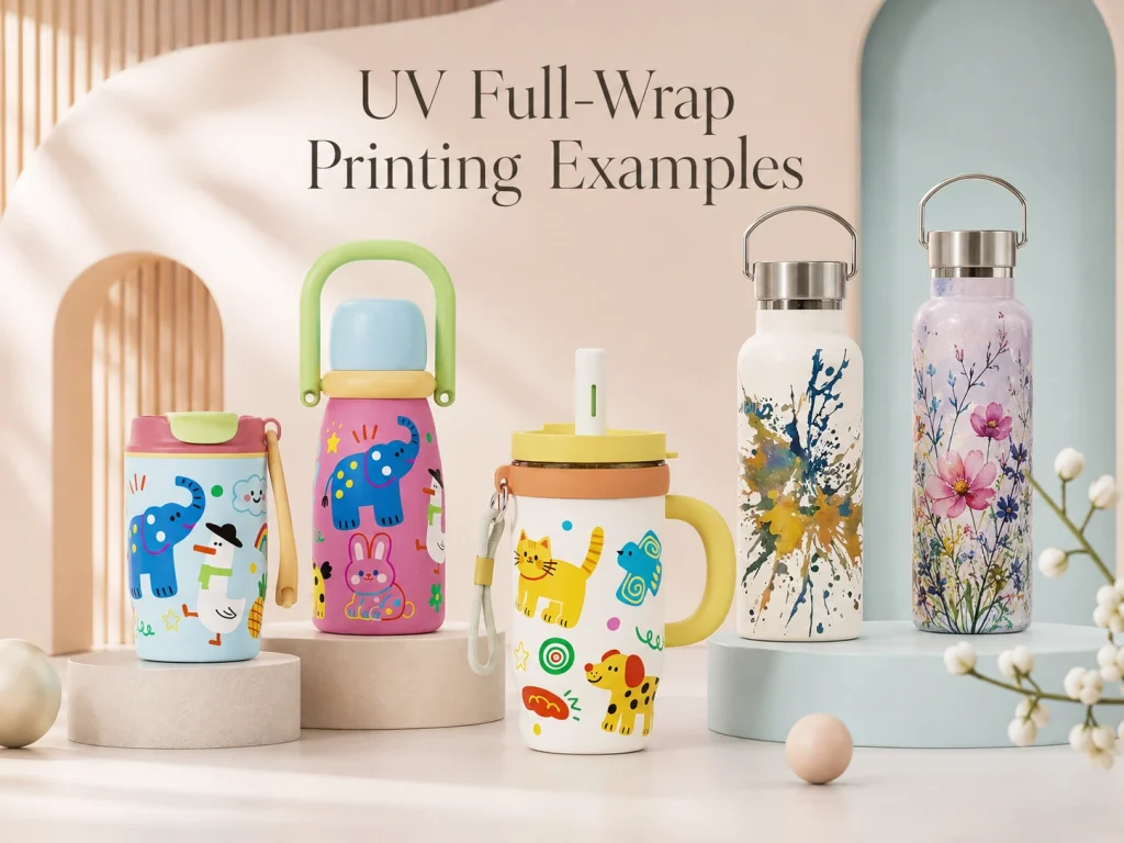 Premium UV full-wrap printing examples on stainless steel drinkware