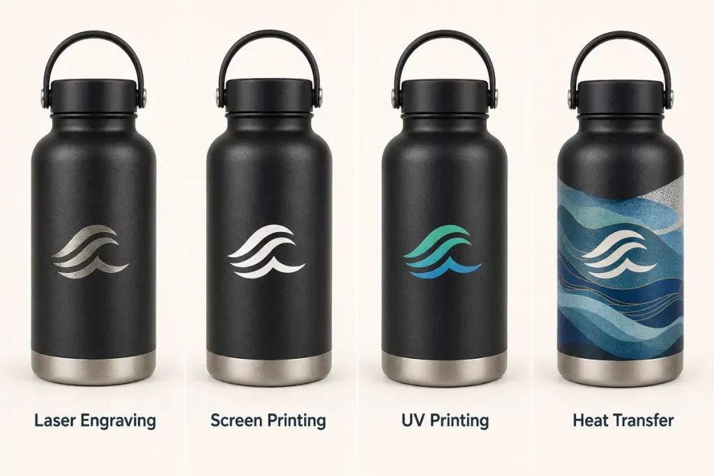 Custom Water Bottle MOQ Explained: Why Colors, Lids, Logos and Packaging Have Different Minimums Logo printing methods for custom stainless steel water bottles