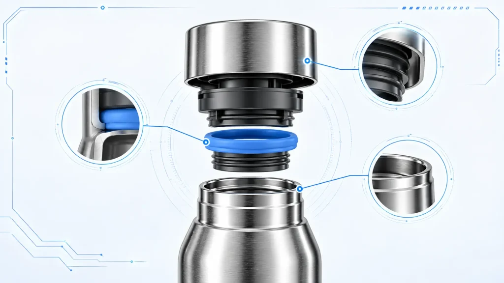 Leak-Proof vs Spill-Resistant Drinkware: An OEM Buyer’s Guide to Lid Design and Testing Exploded stainless steel bottle lid showing the silicone gasket, threads, and sealing surfaces