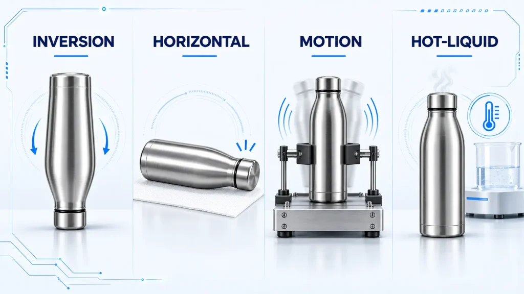 Leak-Proof vs Spill-Resistant Drinkware: An OEM Buyer’s Guide to Lid Design and Testing Four leak-resistance tests for stainless steel bottles: inversion, horizontal, motion and hot-liquid testing